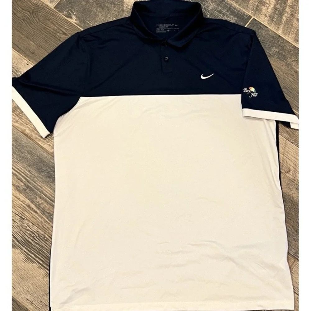 Nike Golf‎ Dri Fit Standard Fit Blue White Polo Shirt Mens Bay Hill Logo Large